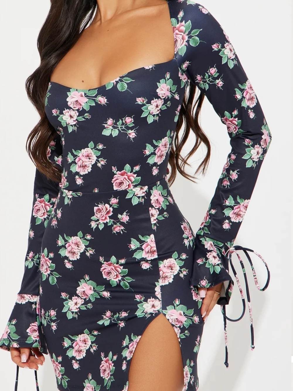 Fashion Nova Navy Long-Sleeve Sweetheart Bodycon Dress with Pink Roses
